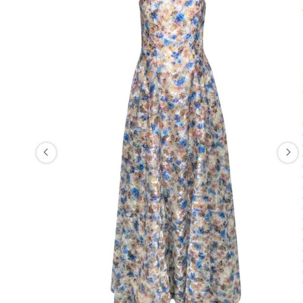 Alice & Olivia - Dreema DressMulticolor Metallic Floral Lace Strapless Gown